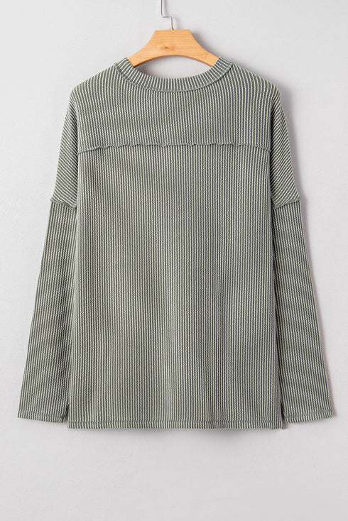 Corded Rib Exposed Seam Drop Shoulder Curved Hem Long Sleeve Top